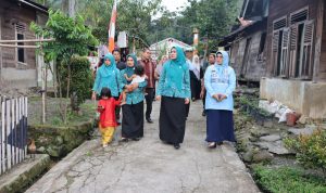 Ketua TP PKK Ny Rosalina Dolly Pasaribu saat meninjau Gerak PKK KKBPK di Desa Aek Gunung Kecamatan Batang Angkola, Kamis (11/1-24). Foto : BP/Ist