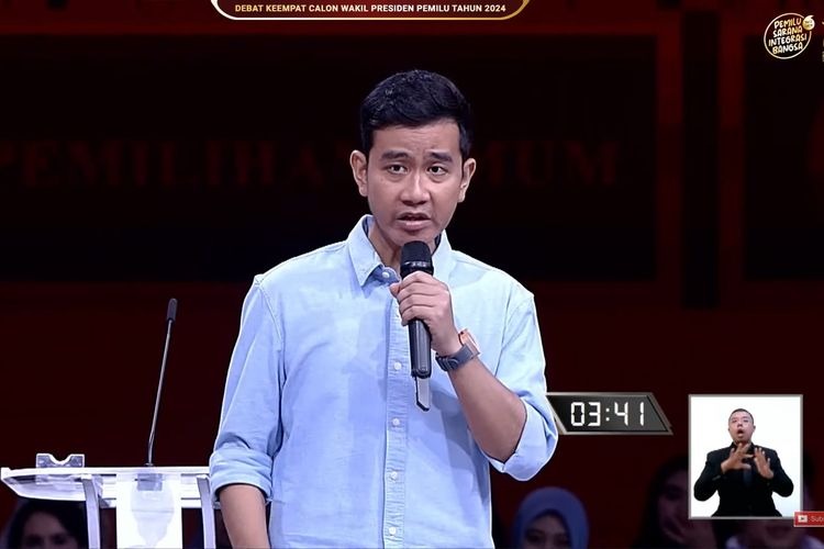 Cawapres nomor urut 2, Gibran Rakabuming Raka saat memaparkan visi dan misi di debat keempat pilpres di JCC, Minggu (21/1/2024). (Tangkapan Layar YouTube KPU RI)