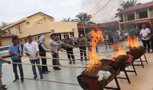 Polres Langkat musnahkan naroba jenis Ganja dan Sabu-sabu di lapangan  Aula Baradaksa Mapolres Langkat. Foto:Ist.