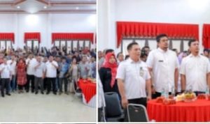 Wali Kota Medan Bobby Nasution didampingi Kadis Kominfo Medan A Rahman Pane foto bersama dengan jajaran wartawan Unit Pemko Medan saat Pemilihan Ketua Persatuan Wartawan Unit Pemko Medan Priode 2024-2026 di Gedung PKK, Jalan Rotan Medan, Rabu (6/3/2024). BP/erwan