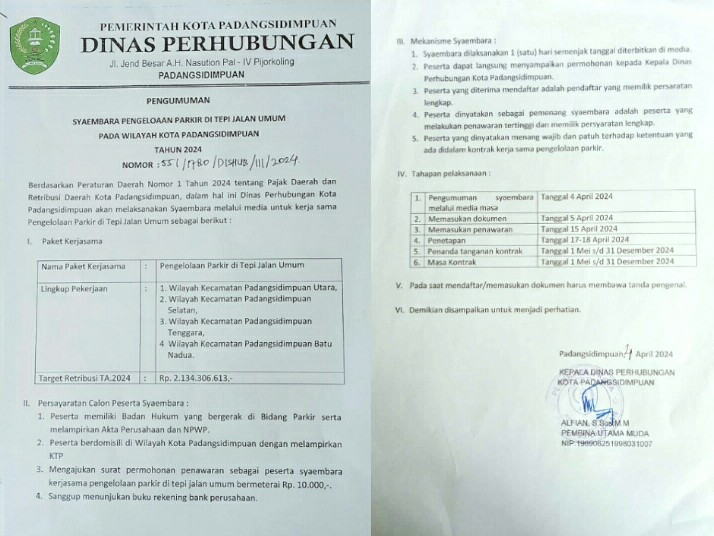 Pengumuman Sayembara Pengelolaan Parkir di Tepi Jalan Umum di wilayah Kota Padangsidimpuan tahun 2024. Foto : BP/Ist