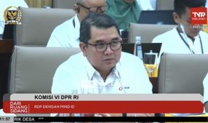 Direktur Utama Mind ID Hendi Prio Santoso dalam Rapat Dengar Pendapat dengan Mind ID dan Komisi VI DPR RI pada Senin (3/6/2024). (Tangkapan Layar Youtube Komisi VI DPR RI Channel)