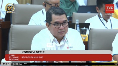 Direktur Utama Mind ID Hendi Prio Santoso dalam Rapat Dengar Pendapat dengan Mind ID dan Komisi VI DPR RI pada Senin (3/6/2024). (Tangkapan Layar Youtube Komisi VI DPR RI Channel)