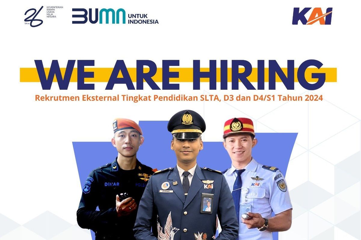 Rekrutmen PT KAI tingkat pendidikan SMA, D3, D4, S1. Rekrutmen BUMN PT KAI terbaru 2024. Rekrutmen PT KAI 2024.(PT KAI)