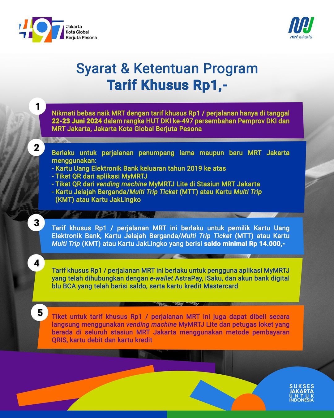 Foto: Syarat Tarif 1 Rupiah Spesial MRT HUT Kota Jakarta ke-497. (Instagram @mrtjktinfo) Syarat Tarif 1 Rupiah Spesial MRT HUT Kota Jakarta ke-497. (Instagram @mrtjktinfo)