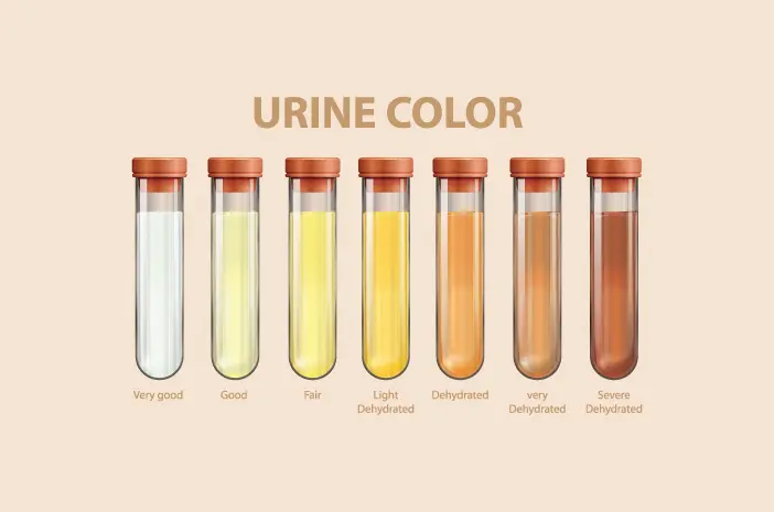 Berbagai sampel urine dalam tabung uji yang menunjukkan warna yang berbeda-beda, dari kuning muda hingga cokelat.