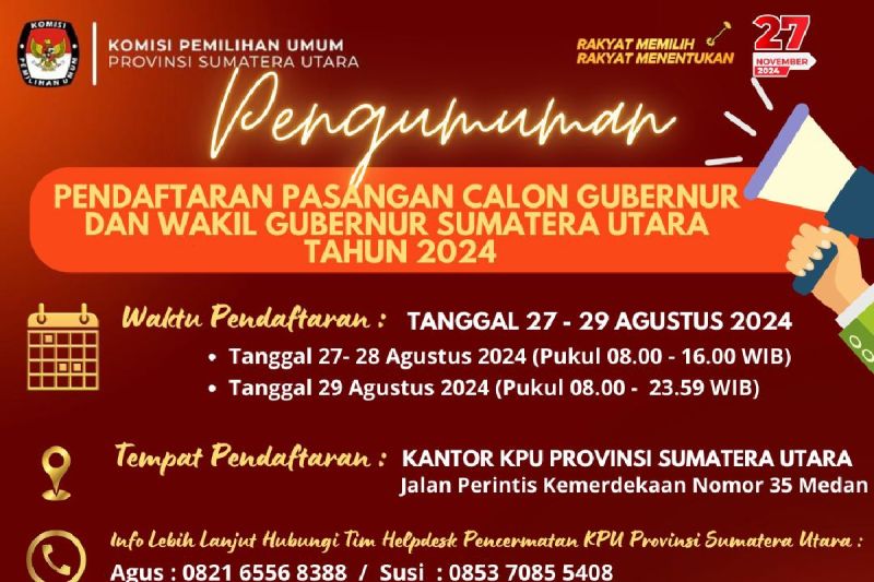 Pendaftaran Calon Gubernur dan Wakil Gubernur Sumatera Utara 2024 Resmi Dibuka oleh KPU Sumut