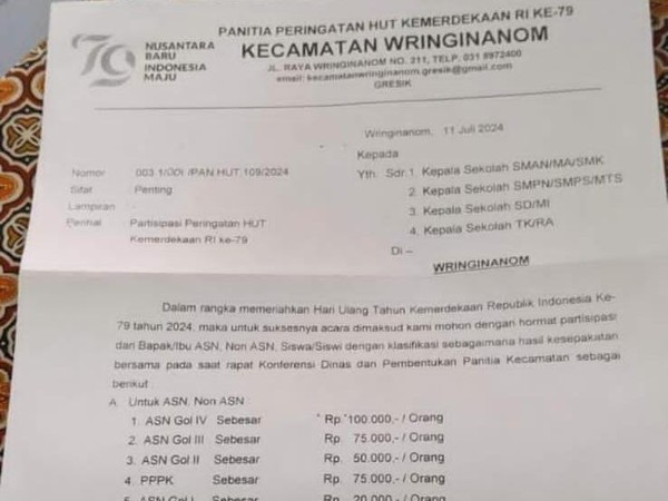 Surat Panitia HUT ke-79 Kemerdekaan Republik Indonesia di Gresik Viral, Ada Iuran untuk Siswa dan ASN