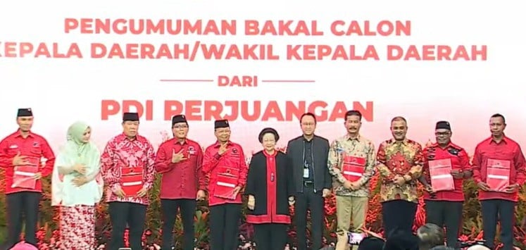 PDIP mengumumkan nama ratusan calon kepala daerah, Kamis (22/8/2024) (Foto: Youtube PDIP)