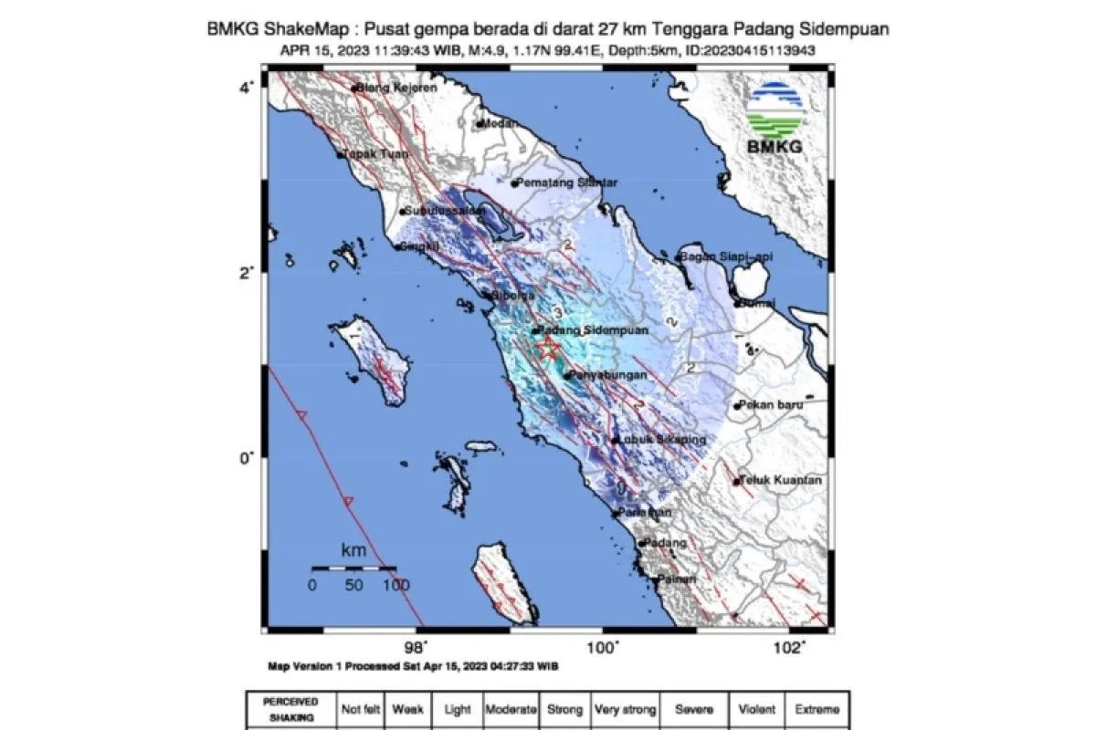 Ilustrasi - Gempa bumi dengan Magnitudo 4,9 di Padang Sidempuan, Sumatera Utara pada Sabtu pukul 11:39:43 WIB disebabkan oleh aktivitas Sesar Sumatera pada Segmen Toru.