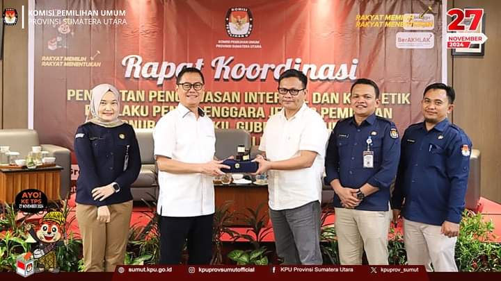 KPU Provinsi Sumatera Utara menggelar rapat koordinasi (rakor) penguatan pengawasan internal dan kode etik perilaku penyelenggara jelang Pemilihan Gubernur dan Wakil Gubernur, Bupati dan Wakil Bupati dan Walikota dan Wakil Walikota Tahun 2024.(Istimewa)