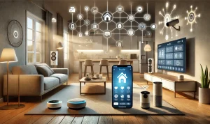 : Ilustrasi rumah pintar dengan perangkat IoT seperti speaker pintar, kamera keamanan, dan termostat yang terhubung dengan ponsel untuk memantau data keamanan secara real-time, BatakPos.com