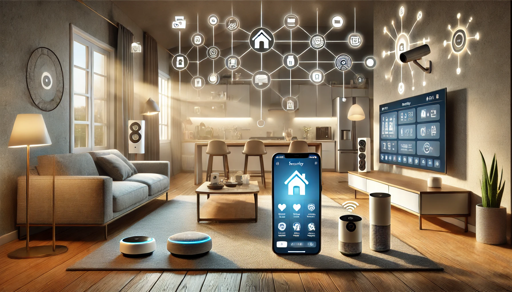 : Ilustrasi rumah pintar dengan perangkat IoT seperti speaker pintar, kamera keamanan, dan termostat yang terhubung dengan ponsel untuk memantau data keamanan secara real-time, BatakPos.com