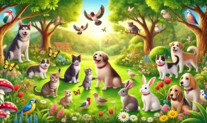 Sejumlah hewan seperti anjing, kucing, burung, dan kelinci sedang bermain di taman hijau, melambangkan harmoni dan penghormatan terhadap hak-hak hewan dalam rangka memperingati Hari Hak Asasi Hewan, BatakPos.com