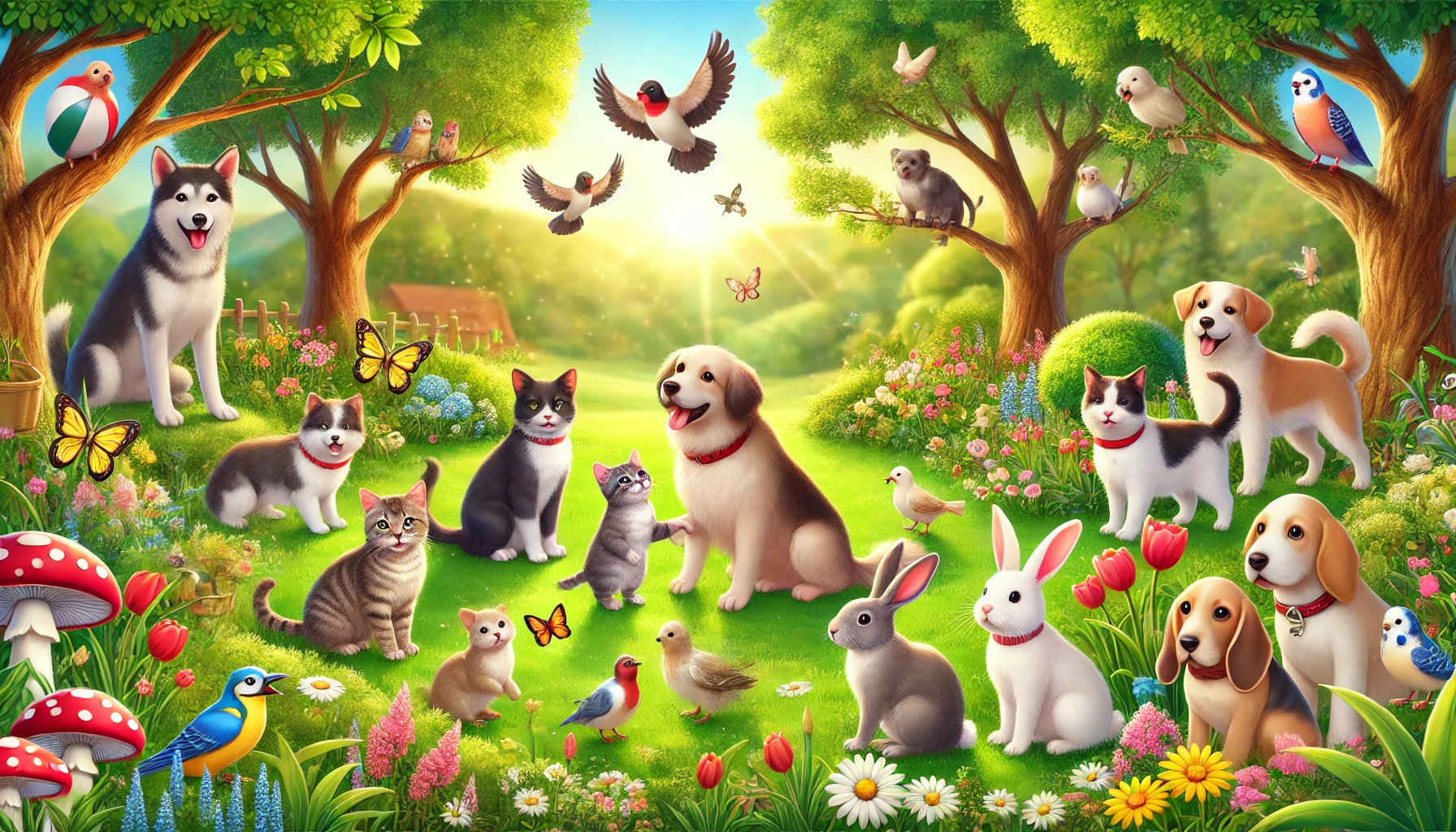 Sejumlah hewan seperti anjing, kucing, burung, dan kelinci sedang bermain di taman hijau, melambangkan harmoni dan penghormatan terhadap hak-hak hewan dalam rangka memperingati Hari Hak Asasi Hewan, BatakPos.com