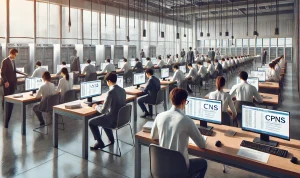 Ilustrasi Peserta SKD CPNS 2024 sedang mengikuti ujian di ruang komputer dengan pengawasan ketat, mengenakan pakaian formal sesuai ketentuan, BatakPos.com