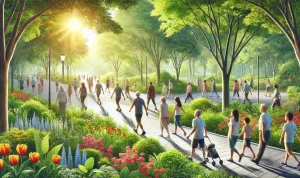 Ilustrasi sekelompok orang yang berjalan kaki di taman, mencerminkan aktivitas sehat yang bermanfaat bagi tubuh dan pikiran, BatakPos.com