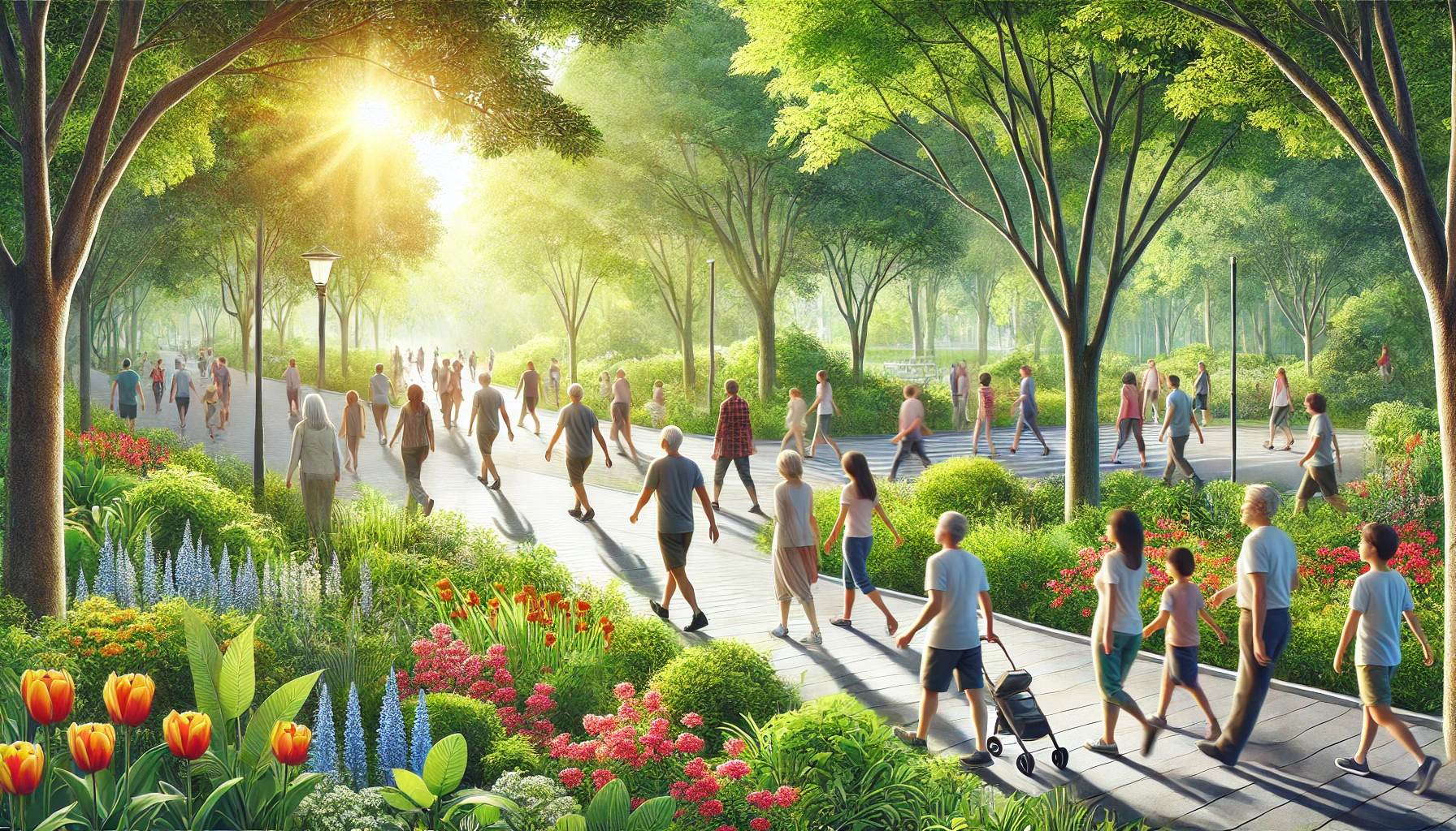 Ilustrasi sekelompok orang yang berjalan kaki di taman, mencerminkan aktivitas sehat yang bermanfaat bagi tubuh dan pikiran, BatakPos.com