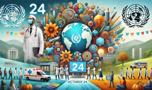 Ilustrasi, peringatan penting pada tanggal 24 Oktober: di sebelah kiri adalah simbol Hari Dokter Nasional dengan dokter dan latar belakang rumah sakit; di tengah menggambarkan Hari Ekonomi Kreatif dengan elemen teknologi dan kreativitas; di sebelah kanan, lambang Perserikatan Bangsa-Bangsa (PBB) mewakili Hari PBB, melambangkan perdamaian global, (BP).