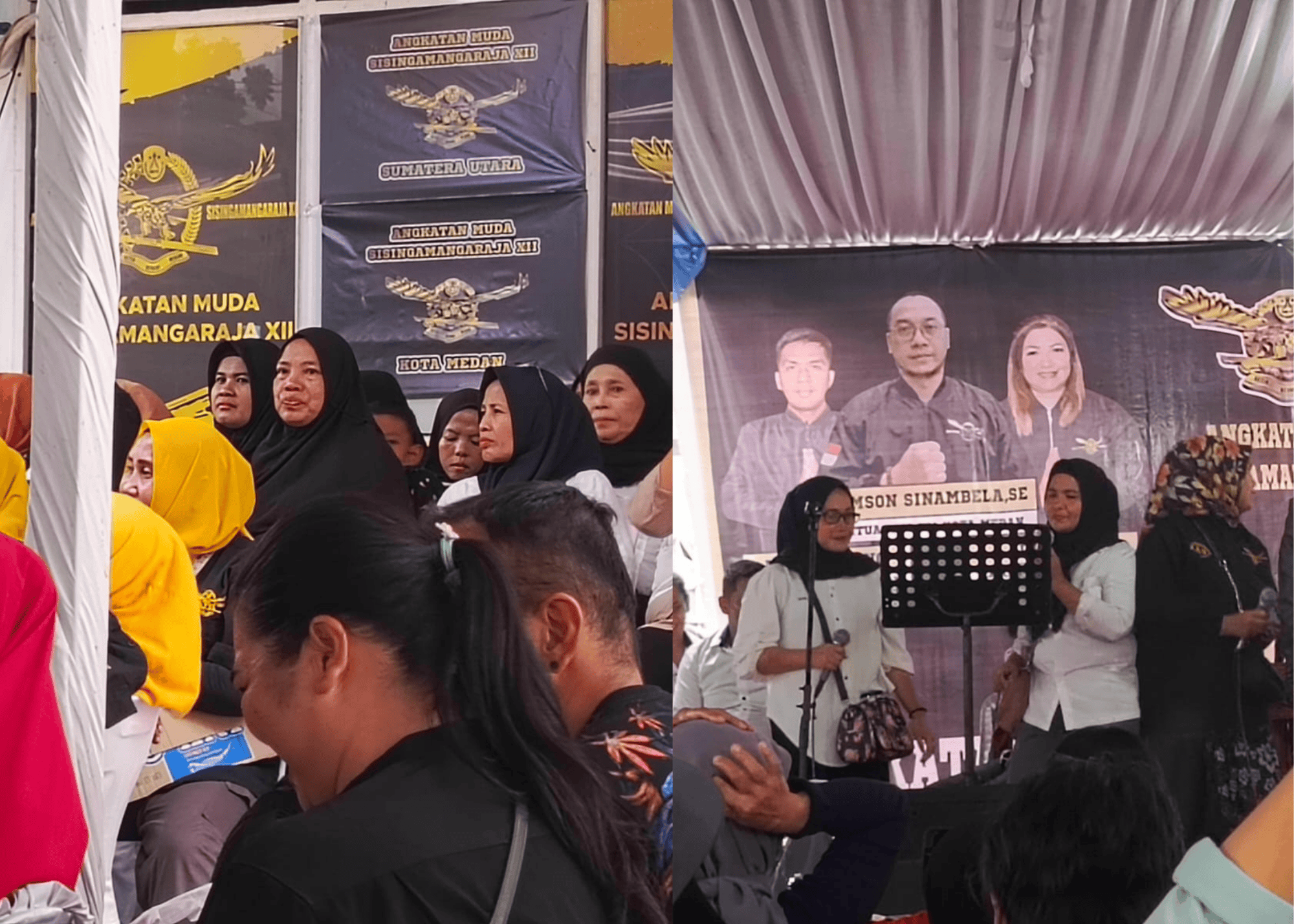 Keluarga besar Angkatan Muda Sisingamangaraja XII terlihat bernyanyi menghibur pengung sebelum acara puncak Silaturahmi bersama Calon Wali Kota /Wakil RIko Wass -Zaki di Kantor AMS XII Jalan Sei Rahayu Medan, Selasa (1/10/2024).