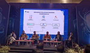 Talkshow pelindungan konsumen dan diseminasi database profil UMKM potensial dibiayai (bisaid) dan upaya pencegahan resiko cyber dan aktivitas ilegal di era digital yang digelar di Ballroom Bank Mandiri Medan, Selasa (1/10/2024) siang.(Istimewa).