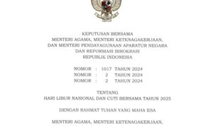 SKB libur nasional dan cuti bersama yang dikeluarkan Menteri Agama, Menteri Ketenagakerjaan, dan Menteri Pendayagunaan Aparatur Negara dan Reformasi Birokrasi, BatakPos.com
