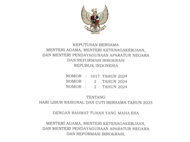 SKB libur nasional dan cuti bersama yang dikeluarkan Menteri Agama, Menteri Ketenagakerjaan, dan Menteri Pendayagunaan Aparatur Negara dan Reformasi Birokrasi, BatakPos.com