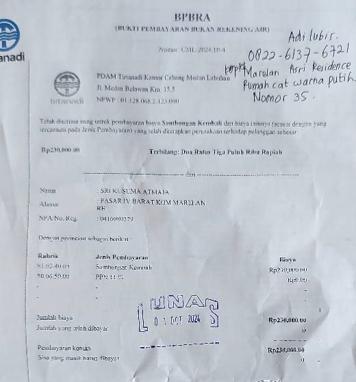 Biaya penyambungan pipa sebesar Rp230. 000 yang dibebankan kepada pelanggan yang menempati rumah kosong. BP/ist