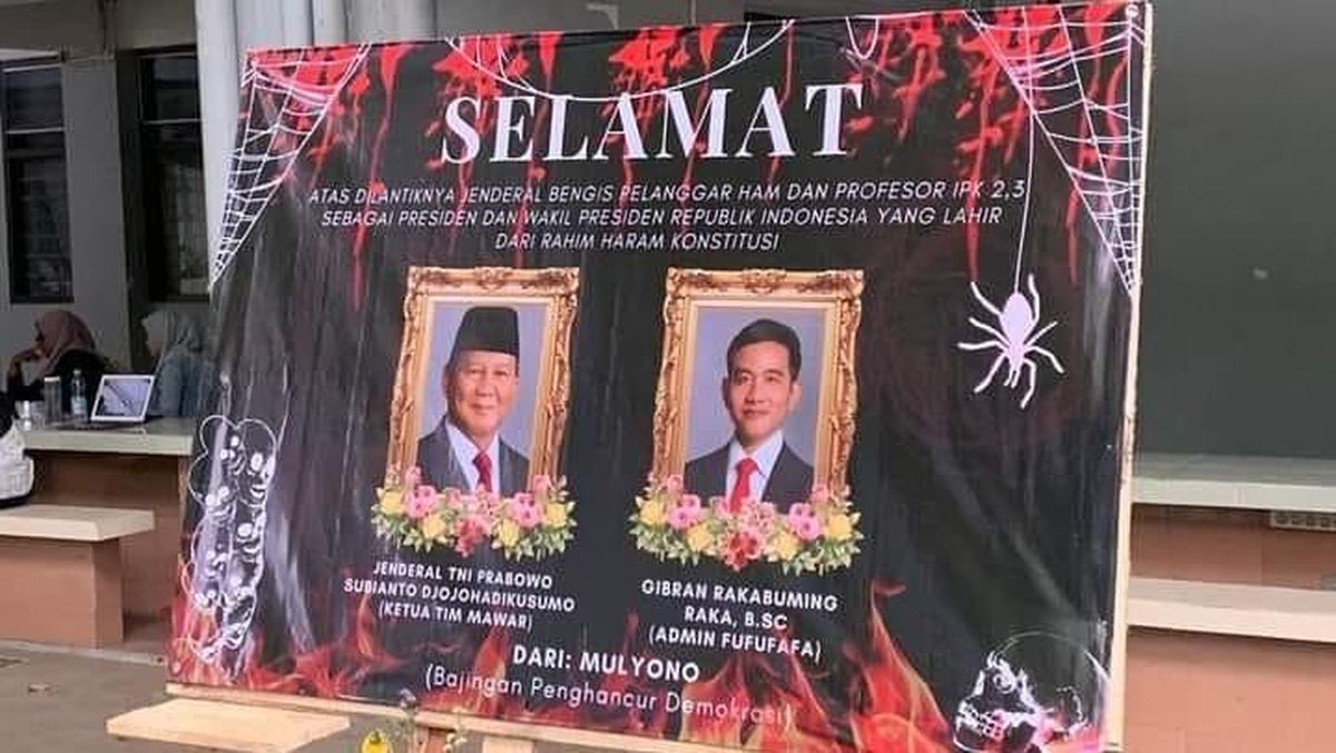 BEM Fisip UNAIR dibekukan karena mengirim karangan bunga kritik pada terhadap pelantikan prabowo-gibran, BP/DTK.