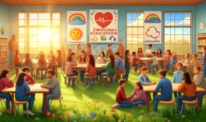 Ilustrasi, pendidikan emosional di sekolah, menunjukkan interaksi positif antara guru dan siswa dalam mendukung pengembangan keterampilan emosional, BatakPos.com
