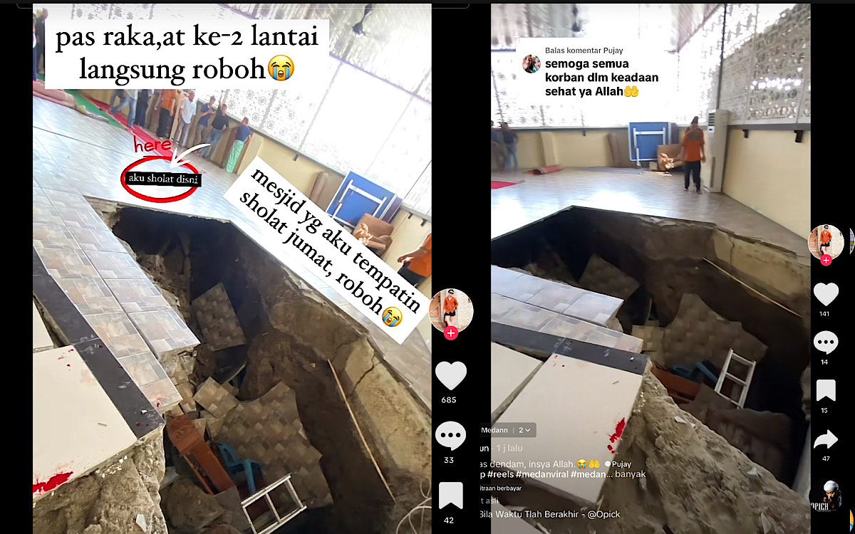 Lantai Masjid Amblas Saat Shalat Jumat di J City Medan, Dua Jemaah Luka Ringan