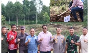 Wakil Bupati Tapsel Rasyid Assaf Dongoran saat menanam bibit durian dan foto bersama unsur Forkopimda Tapsel di Kebun Raya Sipirok, Kamis (23/1-25). Foto Kolase BP/Ist