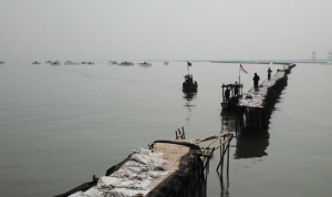 pagar laut terlihat di perairan Kampung Pulau Cangkir, Kronjo, Kabupaten Tangerang, Banten