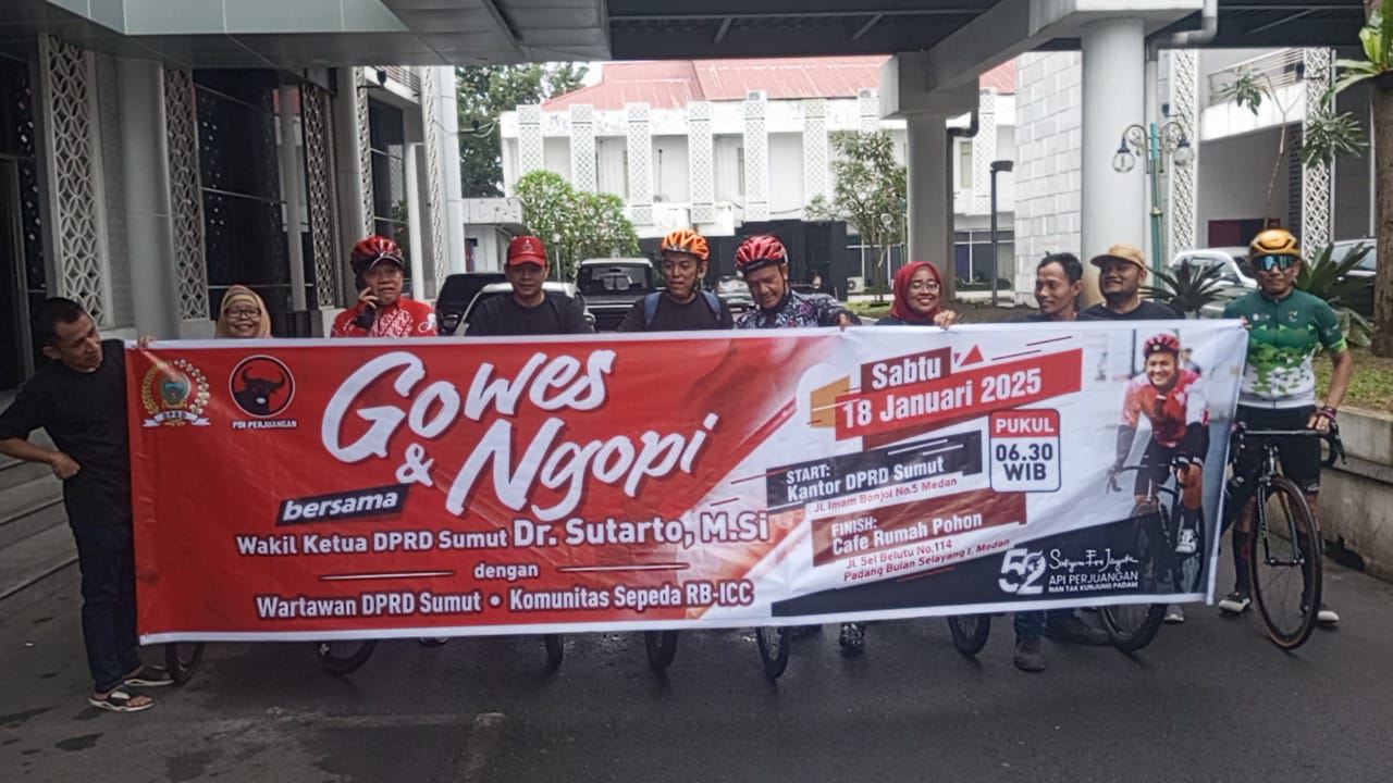 Wakil Ketua DPRD Sumut Dr Sutarto MSi dan wartawan Pokja DPRD Sumut gowes dan ngopi bareng.(Istimewa)