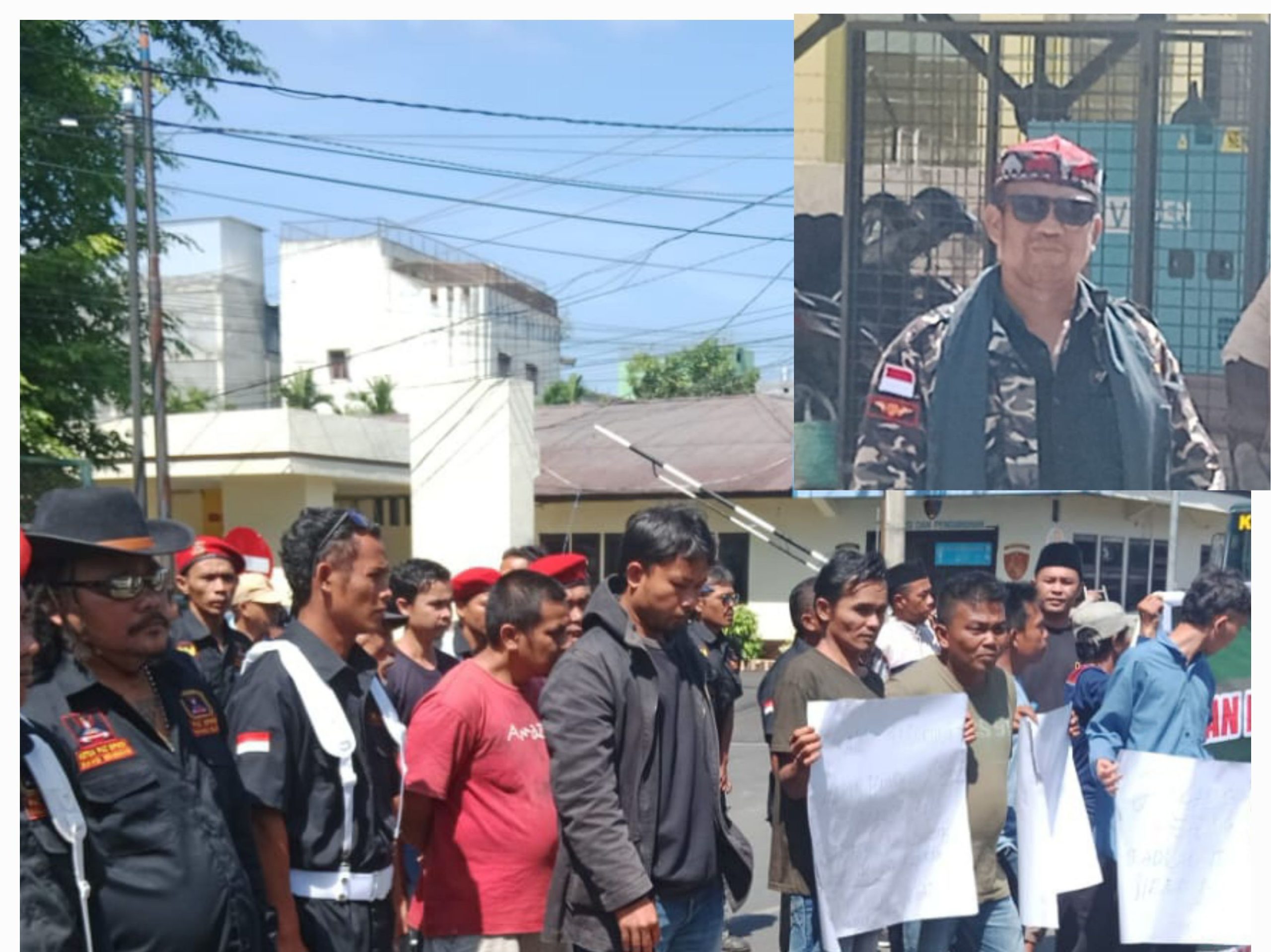 Suasana Aksi damai masyarakat Marancar dan DPC Grib Jaya Tapsel di PN Padangsidimpuan dan Korda Grib Jaya Tapsel Mara Halim Harahap. Foto : Kolase BP/Ist