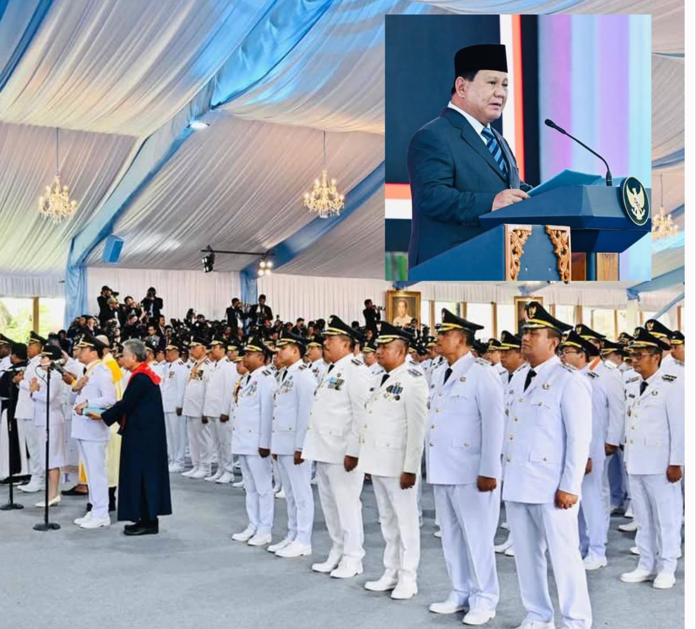 Suasana Pelantikan Kepala Daerah dan Wakil Kepala Daerah, termasuk Wali Kota dan Wakil Wali Kota Padangsidimpuan saat dilantik Presiden RI Prabowo Subianto di Istana Negara, Kamis (20/2-25). Foto : BP/Ist