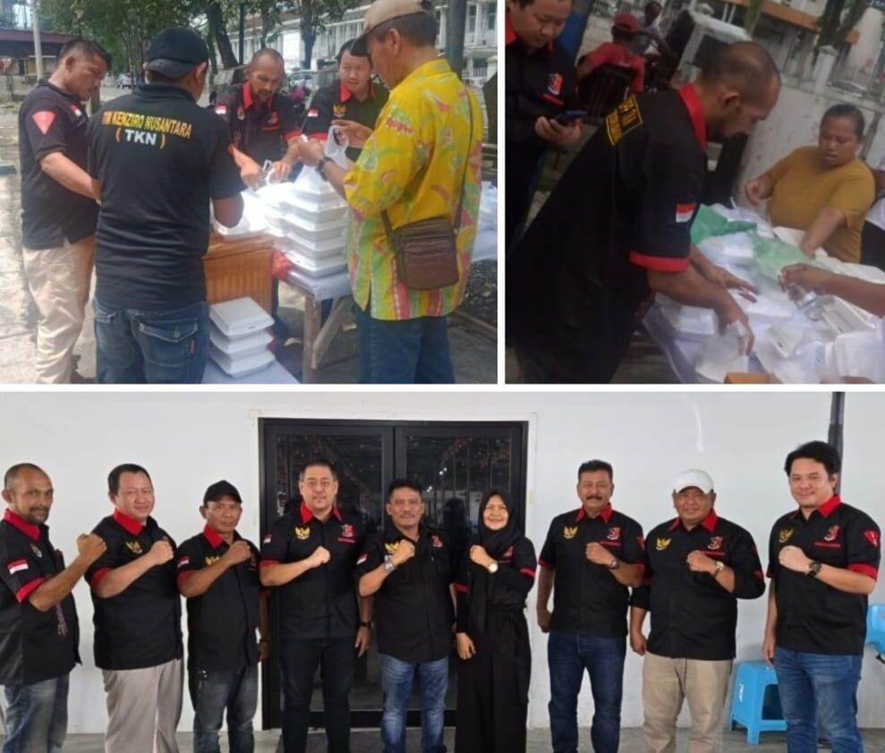 Tim Kompas Nusantara saat bagi sembako kepada tukang becak Ojol dan masyarakat. BP/erwan