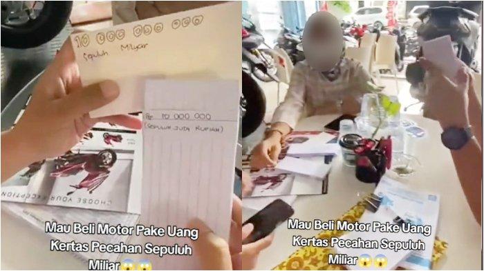 VIDEO VIRAL - Tangkap layar video viral ibu-ibu beli motor pakai kertas bertuliskan Rp 10 miliar di sebuah dealer motor di Kediri