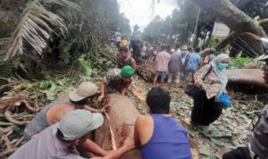 Personil Koramil 19/Siais, Kodim 0212/Tapsel dan masyarakat kompak saat evakuasi pohon tumbang di lajur jalan raya Padangsidimpuan-Sibolga, Kamis (6/3-25). Foto : BP/Ist