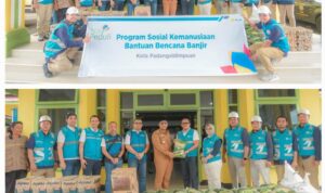 Wakil Wali Kota Padangsidimpuan H Harry Pahlevi foto bersama dengan GM IUD Sumut usai menerima bantuan untuk korban bencana banjir, Selasa (18/3-25). Foto kolase : BP/Ist