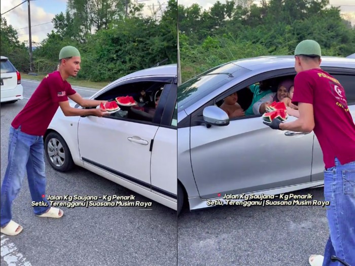 Arus Balik Lebaran Sebabkan Macet, Aksi Bagi Semangka Gratis Ini Curi Perhatian Netizen