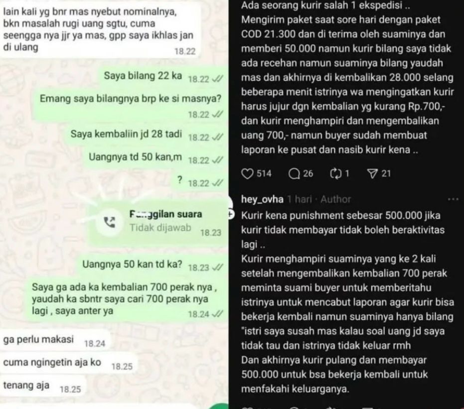 Viral, Kurir Kena Denda Rp500 Ribu Akibat Uang Kembalian COD Kurang Rp700