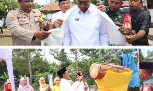 Bupati Tapsel Gus Irawan Pasaribu saat disambut Forkopimcam Muaratais dan memukul Beduq menandai pembukaan MTQ tingkat Kecamatan Muaratais, Rabu (16/4-25). Foto : BP kolase/Ist