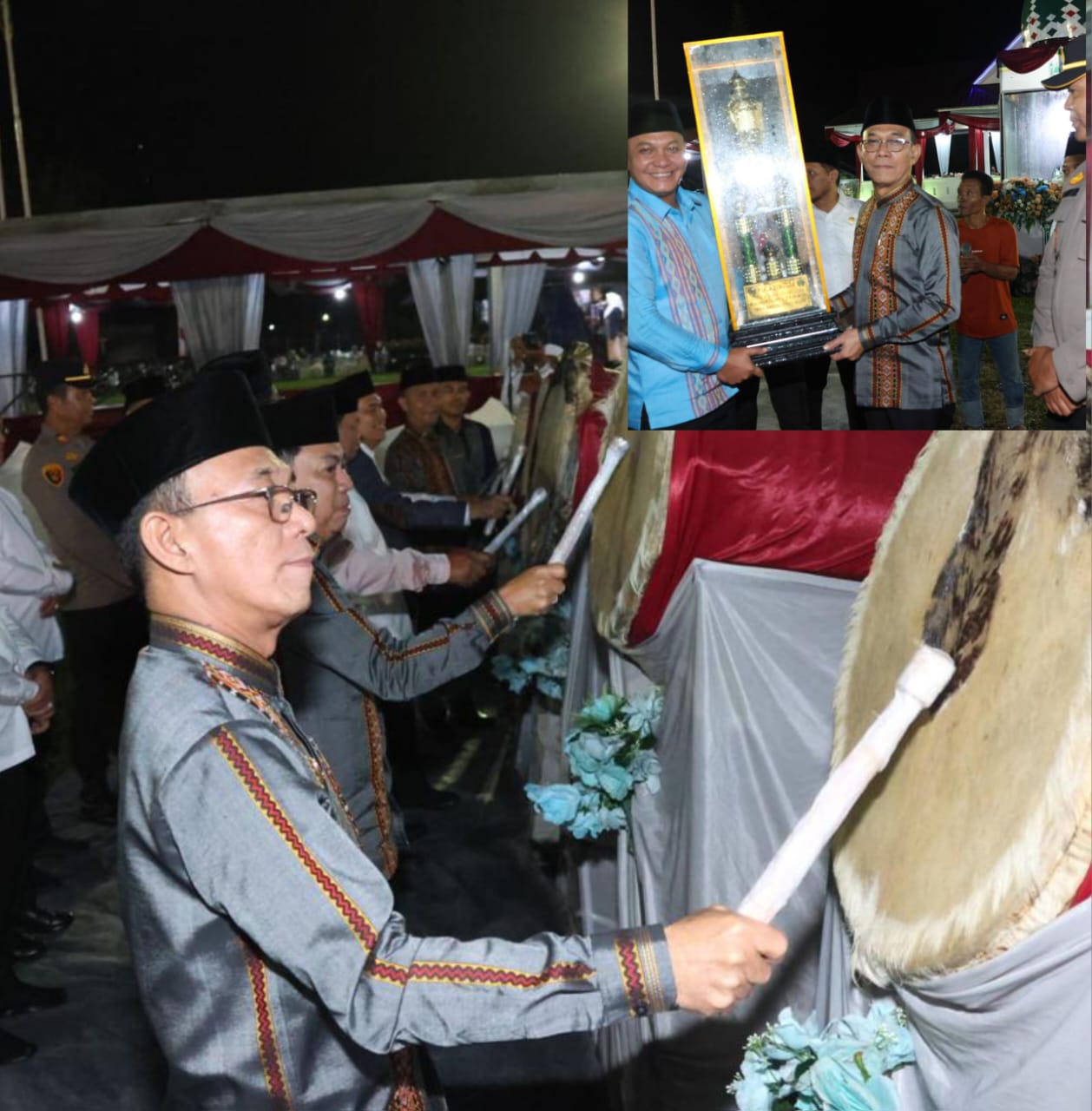 Bupati Tapanuli Selatan (Tapsel) Gus Irawan Pasaribu saat menyerahkan Piala Bergilir kepada Panitia MTQ untuk diperebutkan kembali yang ditandai dengan memukul Beduq, Kamis (1/5-25). Foto : BP/Ist