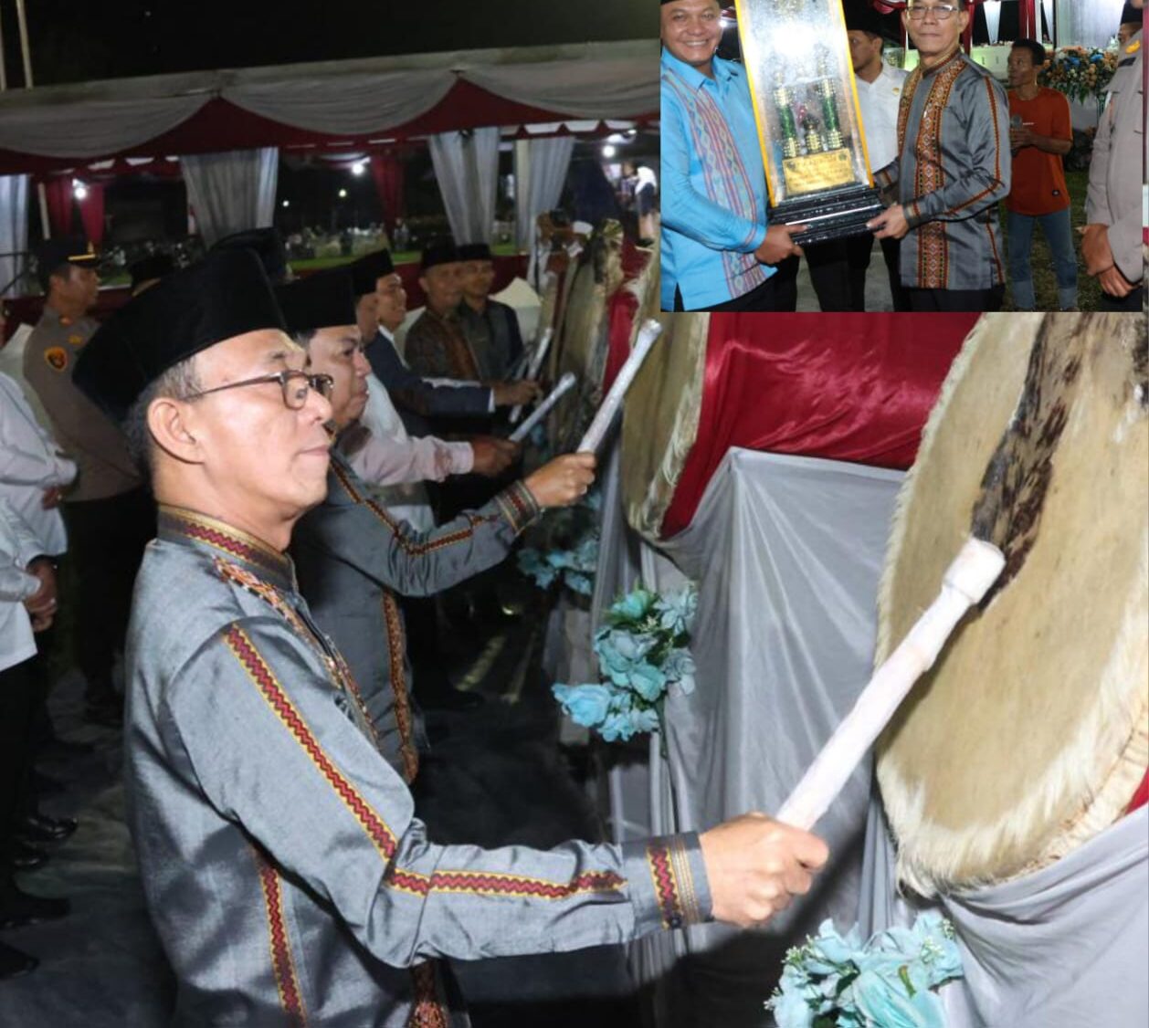 Bupati Tapanuli Selatan (Tapsel) Gus Irawan Pasaribu saat menyerahkan Piala Bergilir kepada Panitia MTQ untuk diperebutkan kembali yang ditandai dengan memukul Beduq, Kamis (1/5-25). Foto : BP/Ist