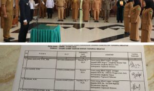 Bupati Tapsel H Gus Irawan Pasaribu saat melantik Kepala Sekolah di Lingkungan Dinas Pendidikan Tapsel dan nama-nama Kasek yang dilantik, Senin (19/5-25). Foto Kolase : BP/Ist