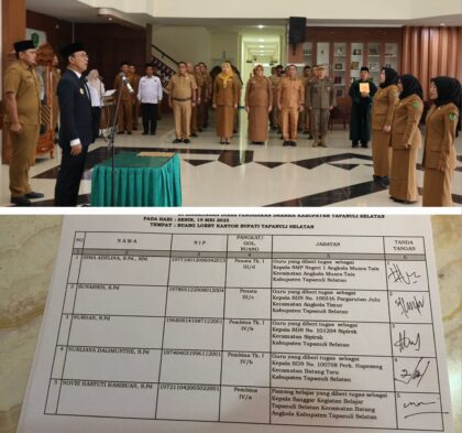 Bupati Tapsel H Gus Irawan Pasaribu saat melantik Kepala Sekolah di Lingkungan Dinas Pendidikan Tapsel dan nama-nama Kasek yang dilantik, Senin (19/5-25). Foto Kolase : BP/Ist