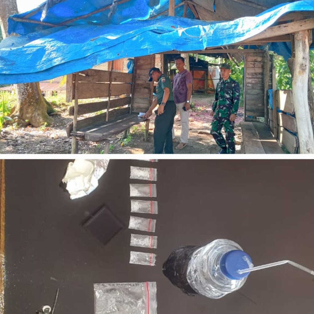 Danramil 01/Batang Toru Kapten Inf H Sirait saat menggrebek aktivitas penyalahgunaan narkoba di wilayah Batang Toru dan barang bukti yang ditemukan, Senin (2/6-25). Foto kolase : BP/Ist