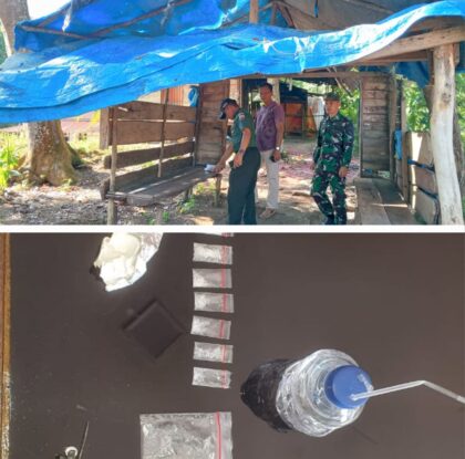 Danramil 01/Batang Toru Kapten Inf H Sirait saat menggrebek aktivitas penyalahgunaan narkoba di wilayah Batang Toru dan barang bukti yang ditemukan, Senin (2/6-25). Foto kolase : BP/Ist