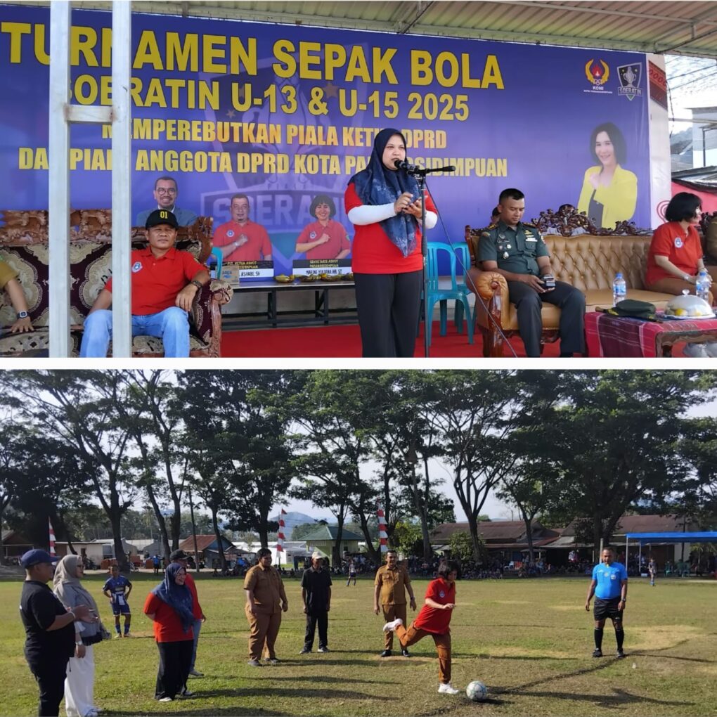 Ketua DPRD Sri Munawaroh saat membuka secara resmi turnamen ini dan anggota DPRD melakukan tendangan bola perdana di lapangan sepakbola Asrama Kodim 0212/Tapsel, Selasa (3/6-25). Foto : BP/Ist